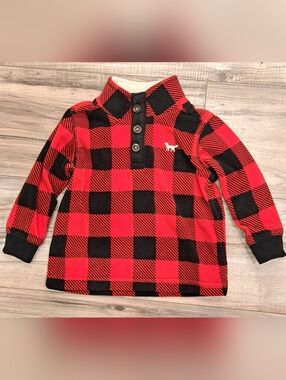 Carters Red Black Buffalo Plaid Fleece Pullover Sweater Sherpa Collar Fox Logo